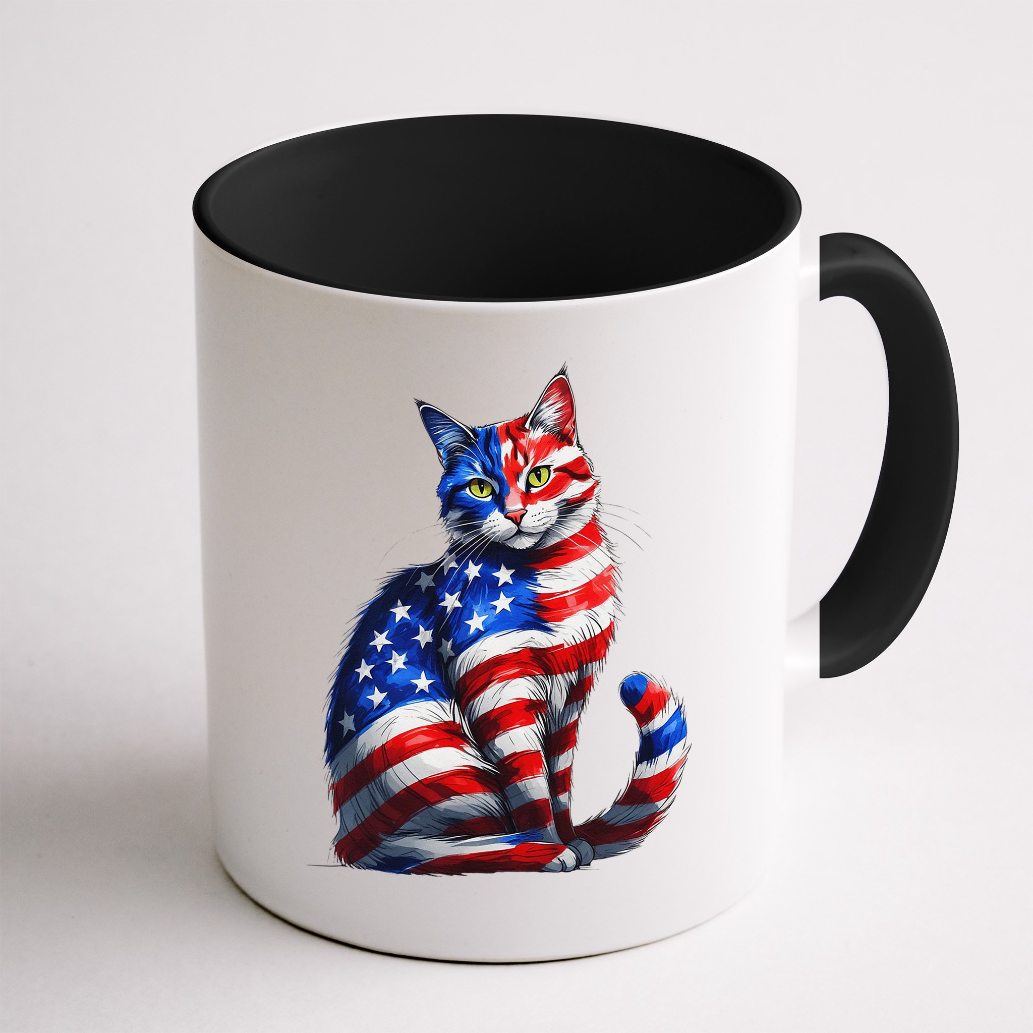 Funny Cute Cat Green Eyes Cat USA Flag 4th Of July Mug