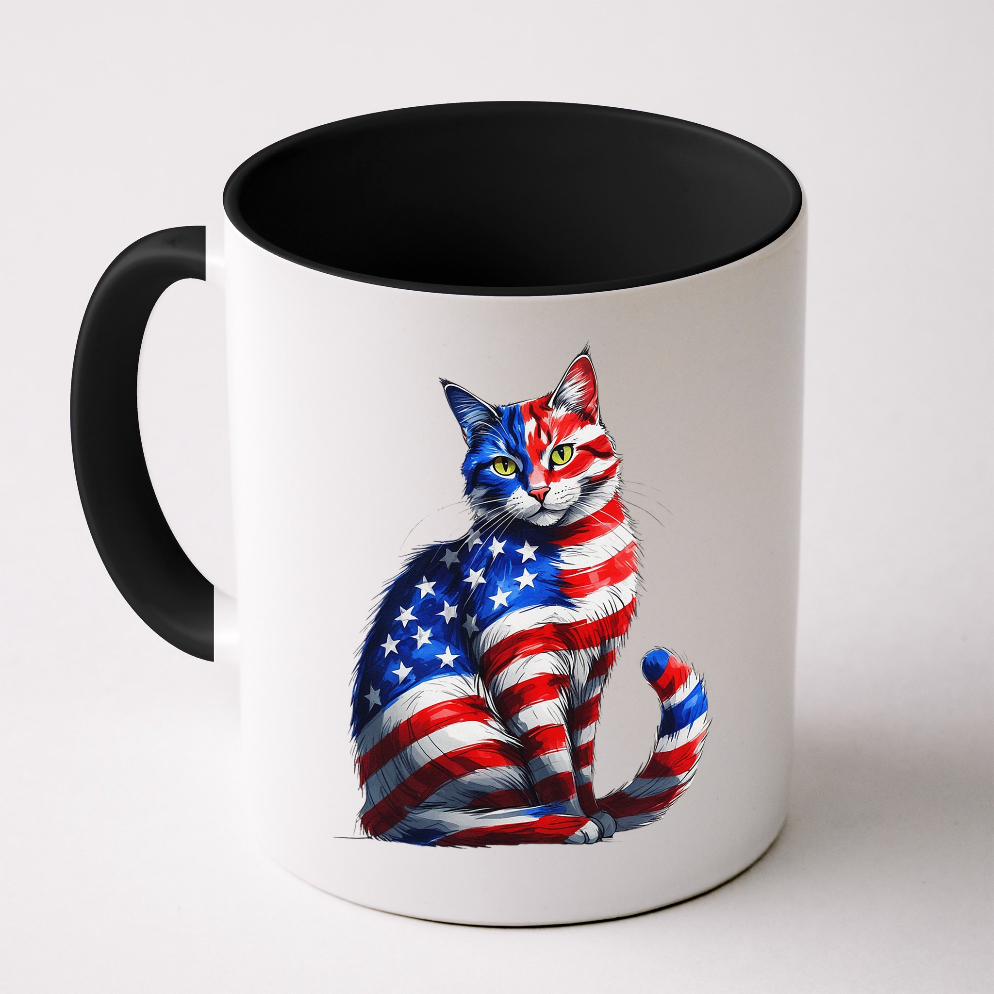Funny Cute Cat Green Eyes Cat USA Flag 4th Of July Mug