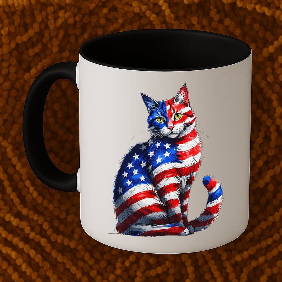 Funny Cute Cat Green Eyes Cat USA Flag 4th Of July Mug