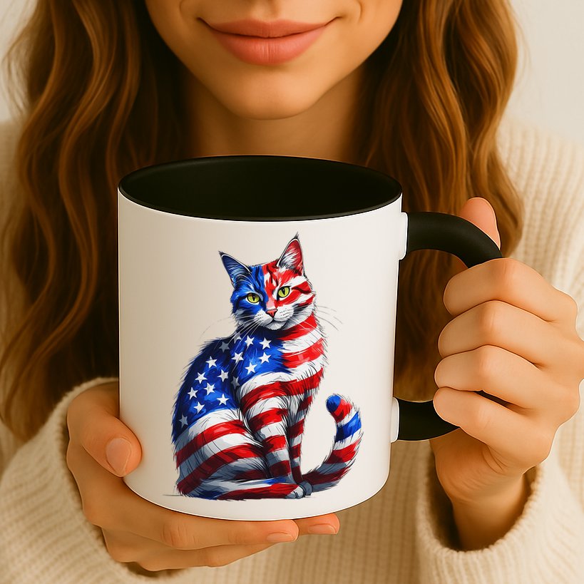 Funny Cute Cat Green Eyes Cat USA Flag 4th Of July Mug