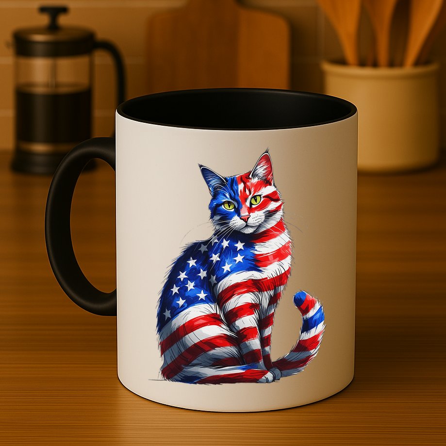 Funny Cute Cat Green Eyes Cat USA Flag 4th Of July Mug