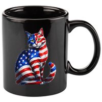 Funny Cute Cat Green Eyes Cat USA Flag 4th Of July 11oz C Handle Ceramic Mug