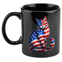 Funny Cute Cat Green Eyes Cat USA Flag 4th Of July 11oz C Handle Ceramic Mug