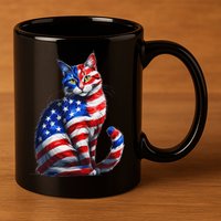Funny Cute Cat Green Eyes Cat USA Flag 4th Of July 11oz C Handle Ceramic Mug