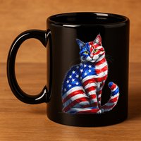 Funny Cute Cat Green Eyes Cat USA Flag 4th Of July 11oz C Handle Ceramic Mug