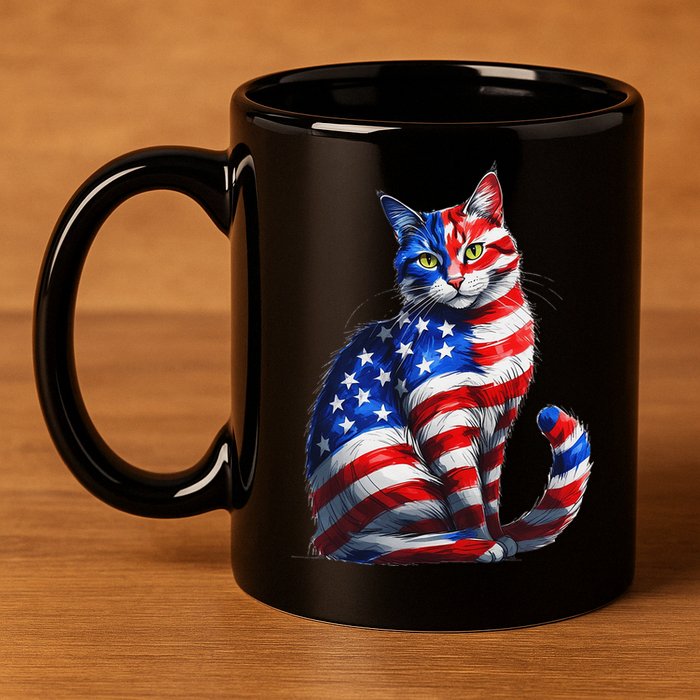 Funny Cute Cat Green Eyes Cat USA Flag 4th Of July 11oz C Handle Ceramic Mug
