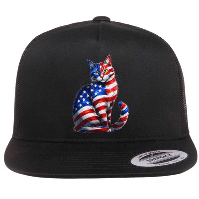 Funny Cute Cat Green Eyes Cat USA Flag 4th Of July Flat Bill Trucker Hat