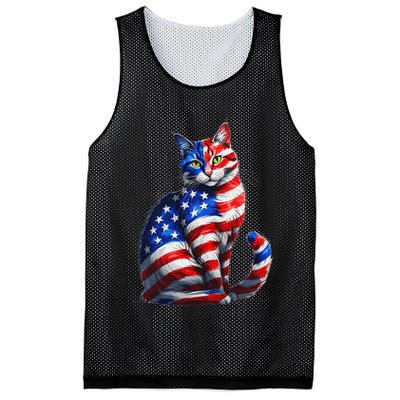 Funny Cute Cat Green Eyes Cat USA Flag 4th Of July Mesh Reversible Basketball Jersey Tank