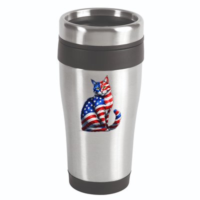 Funny Cute Cat Green Eyes Cat USA Flag 4th Of July 16oz Travel Tumbler