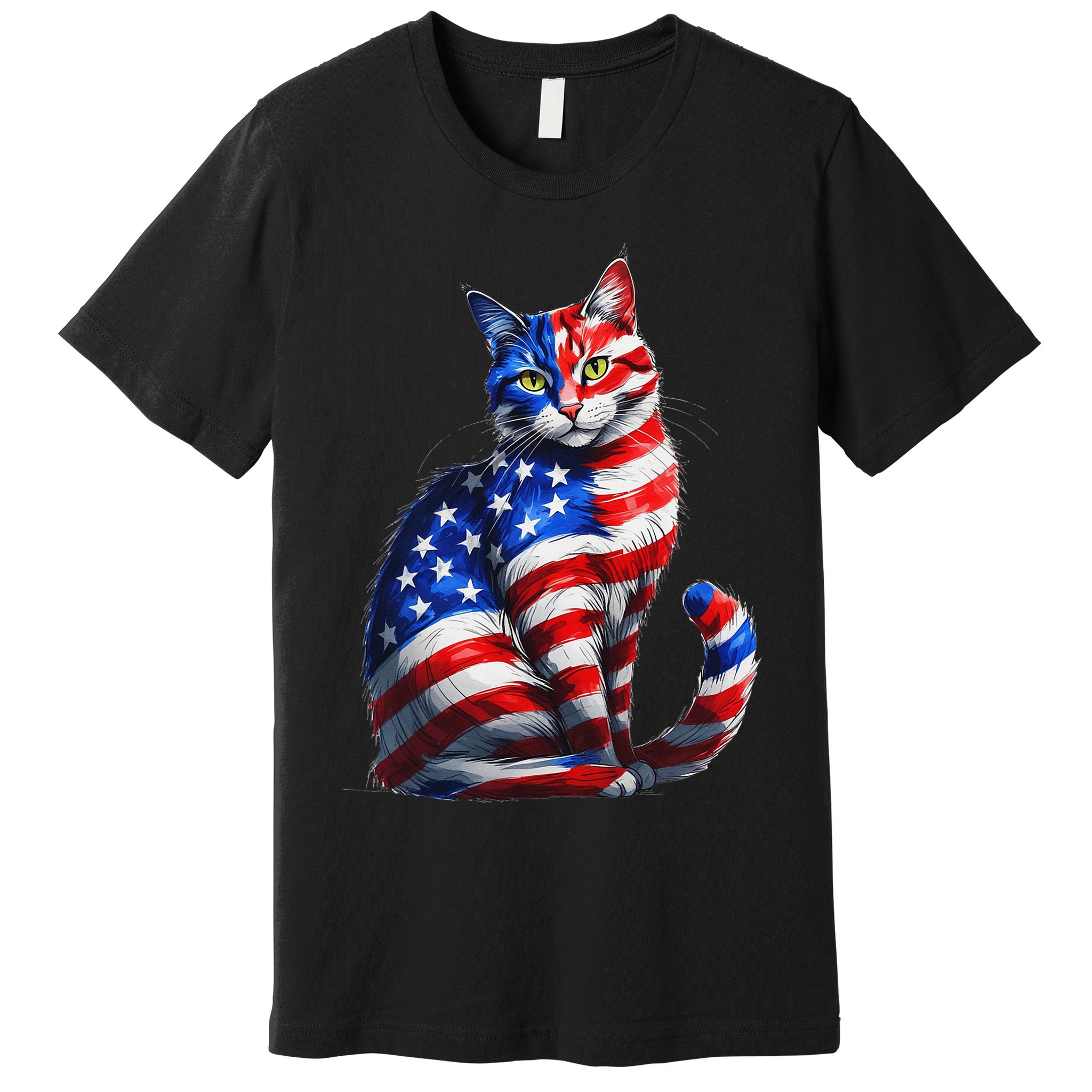 Funny Cute Cat Green Eyes Cat USA Flag 4th Of July Premium T-Shirt