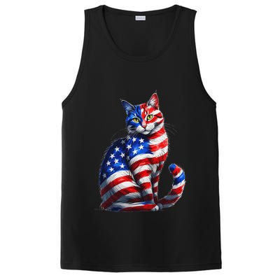 Funny Cute Cat Green Eyes Cat USA Flag 4th Of July PosiCharge Competitor Tank