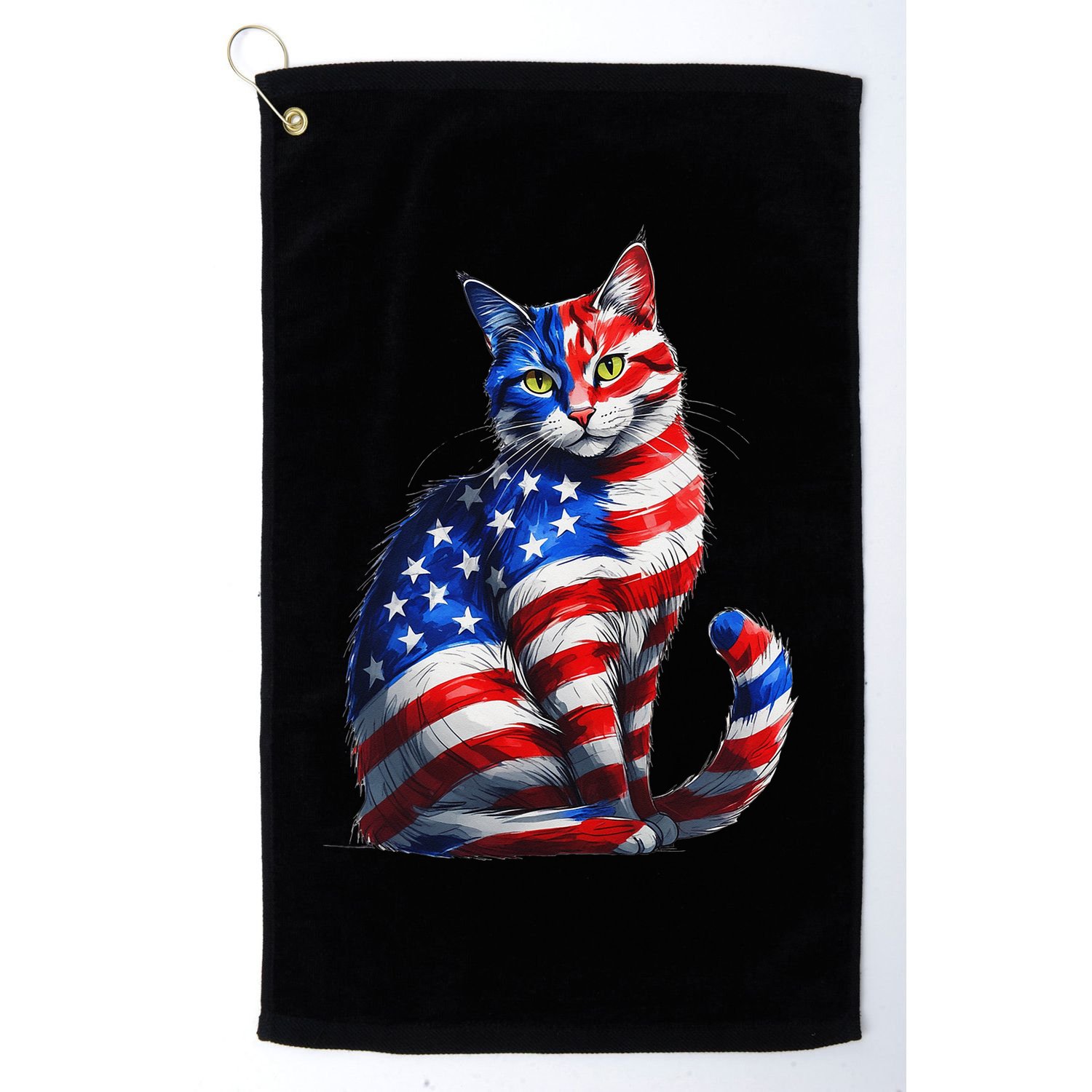 Funny Cute Cat Green Eyes Cat USA Flag 4th Of July Golf Towel