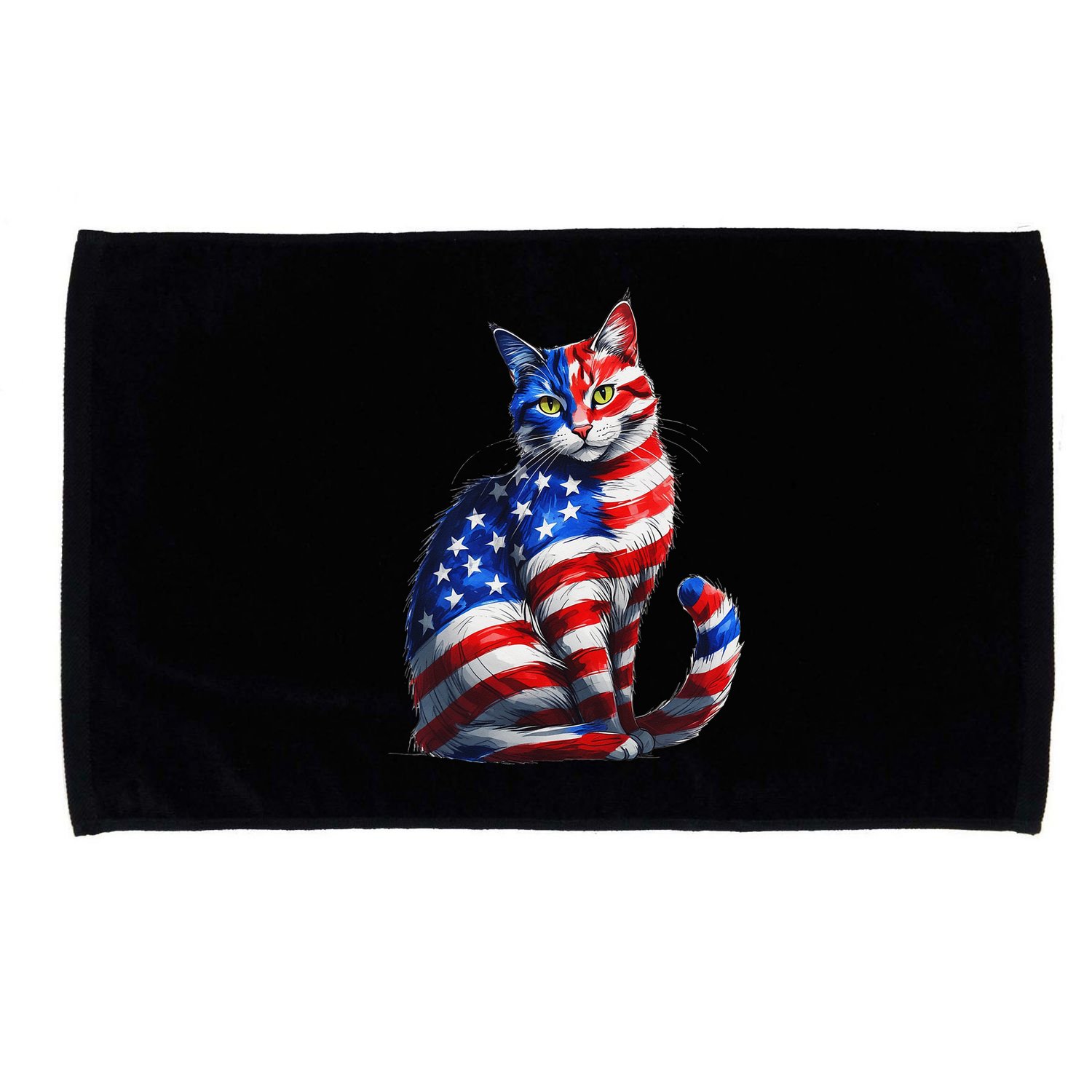 Funny Cute Cat Green Eyes Cat USA Flag 4th Of July Microfiber Hand Towel