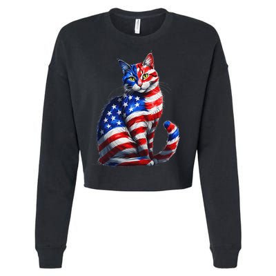 Funny Cute Cat Green Eyes Cat USA Flag 4th Of July Cropped Pullover Crew