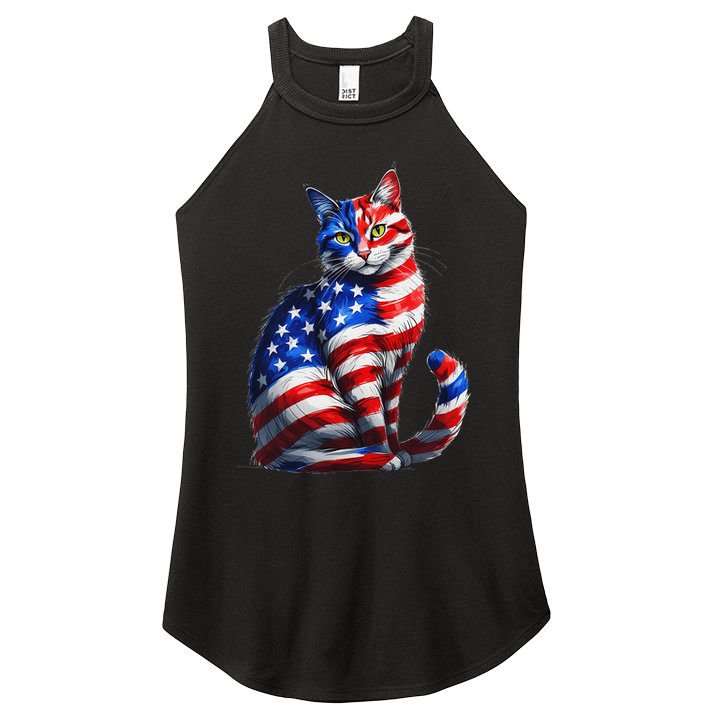 Funny Cute Cat Green Eyes Cat USA Flag 4th Of July Women's Perfect Tri Rocker Tank