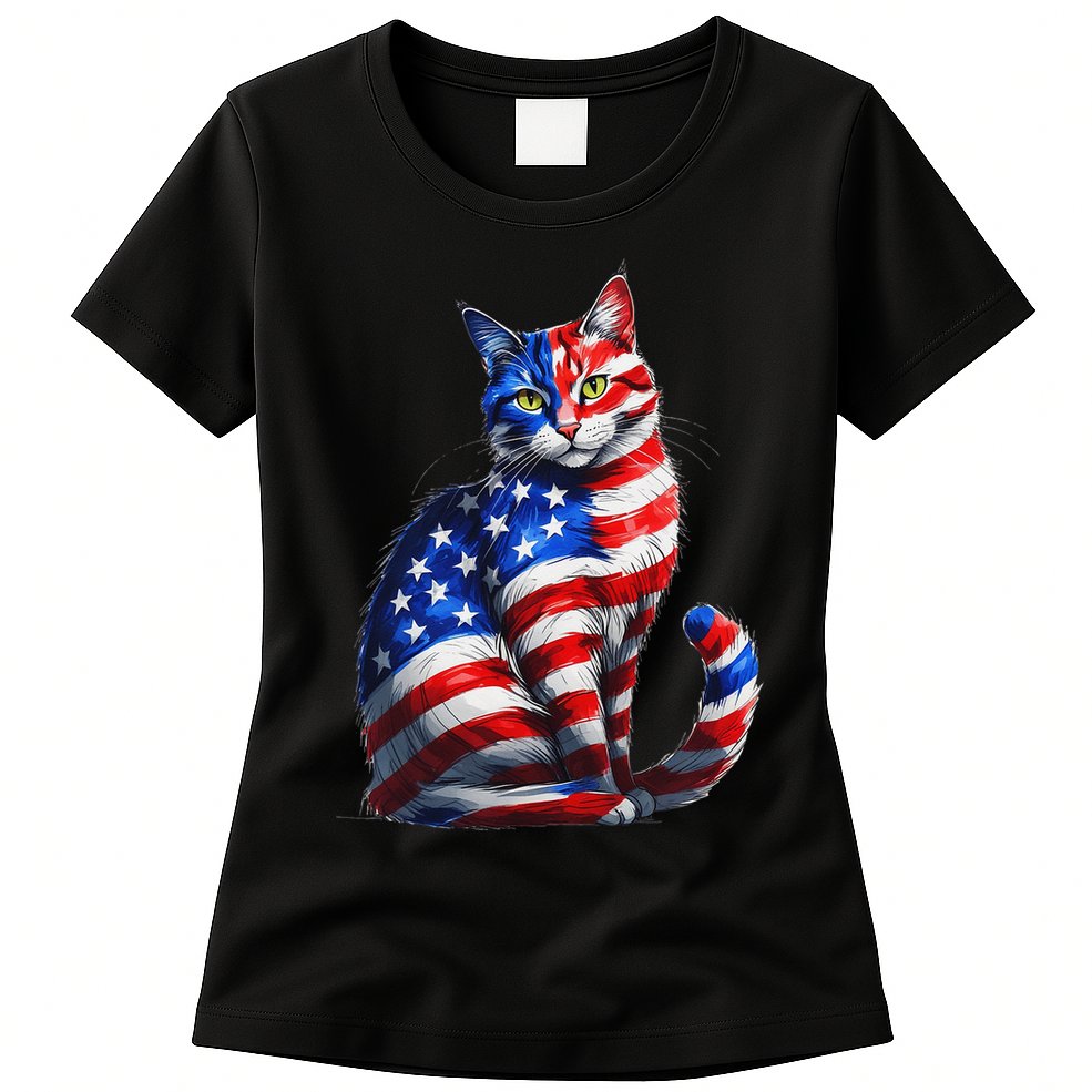 Funny Cute Cat Green Eyes Cat USA Flag 4th Of July Womens T-Shirt