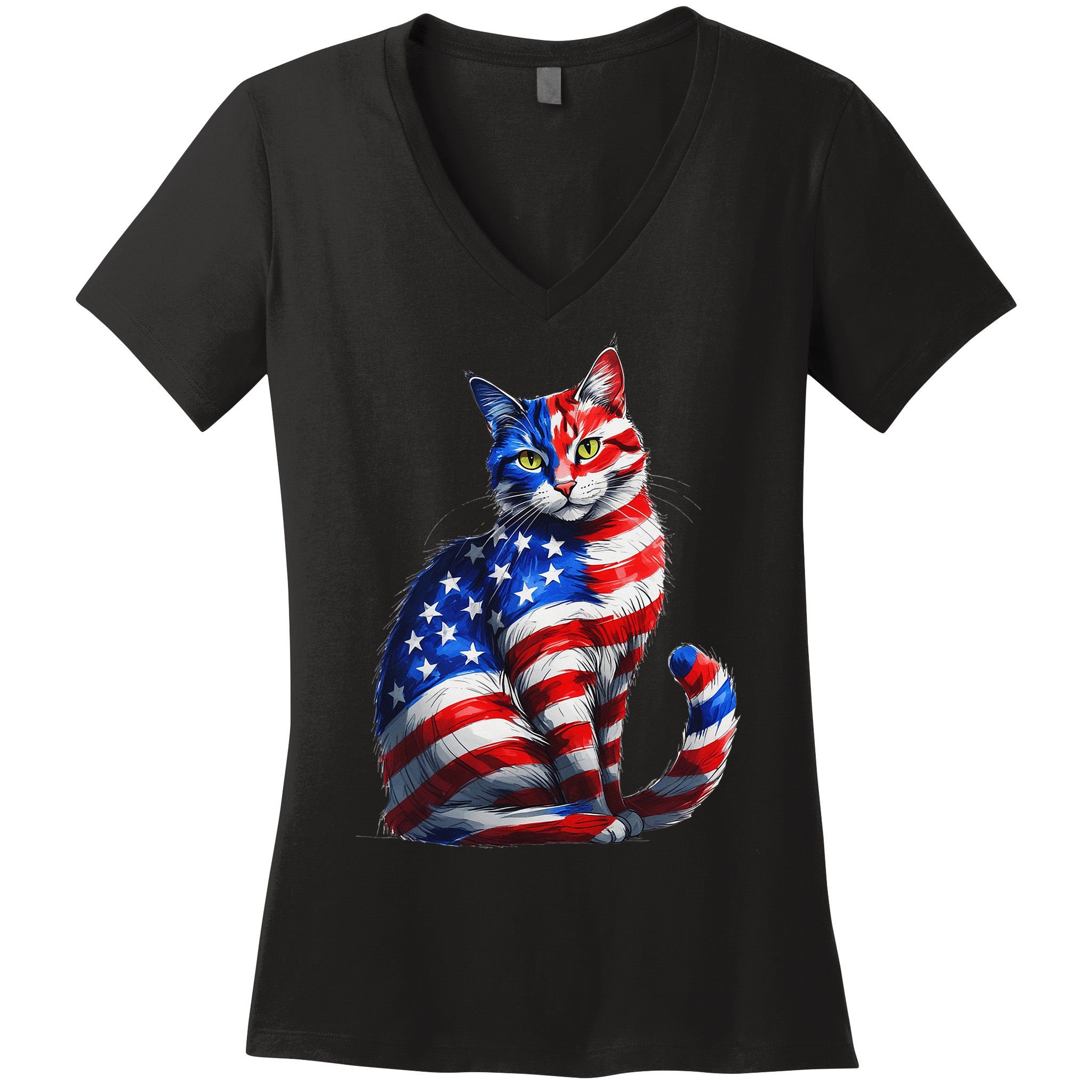 Funny Cute Cat Green Eyes Cat USA Flag 4th Of July Women's V-Neck T-Shirt