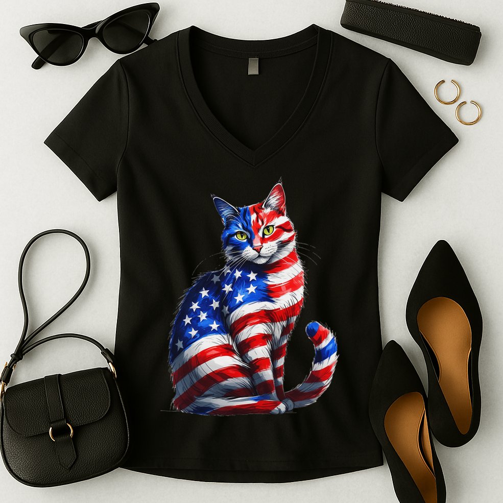 Funny Cute Cat Green Eyes Cat USA Flag 4th Of July Women's V-Neck T-Shirt