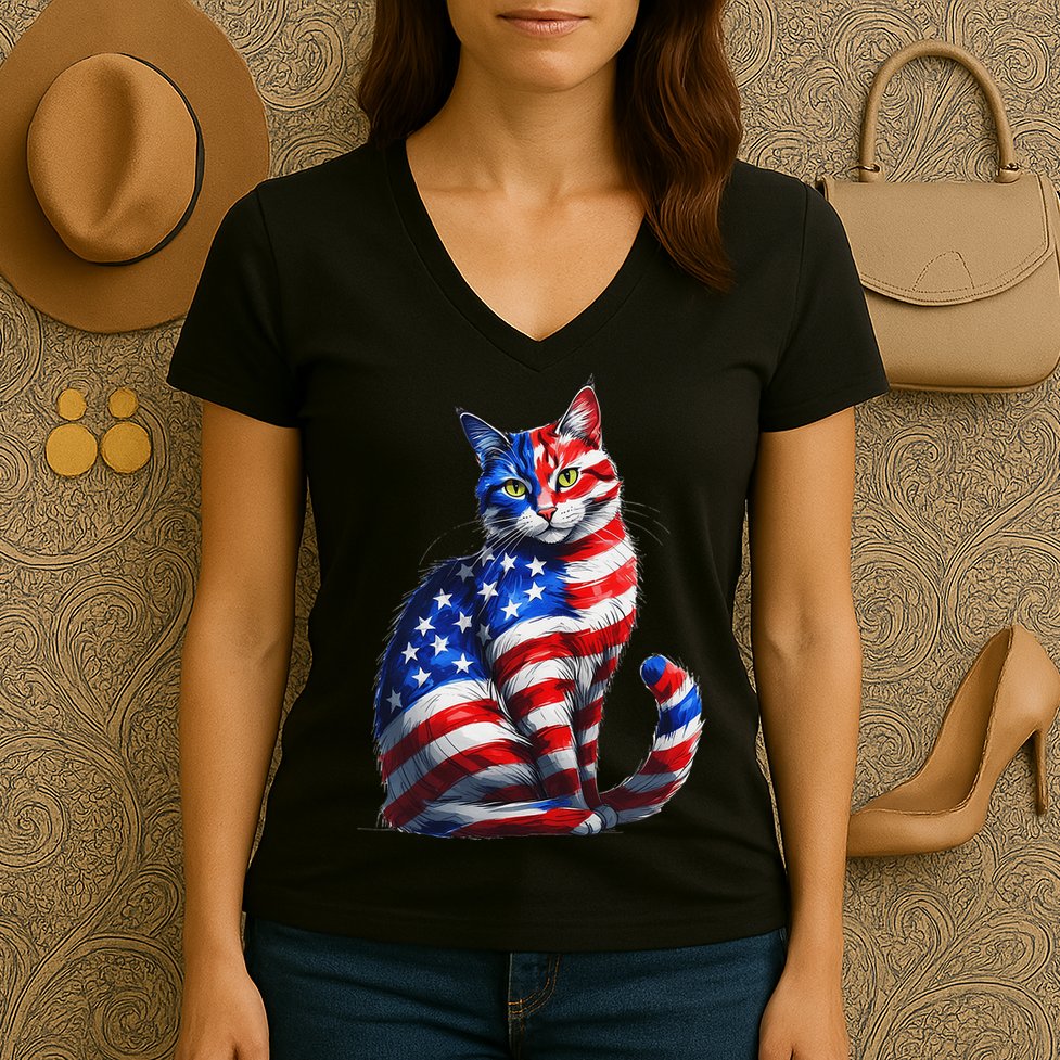 Funny Cute Cat Green Eyes Cat USA Flag 4th Of July Women's V-Neck T-Shirt