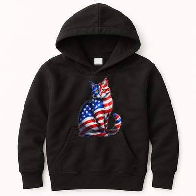 Funny Cute Cat Green Eyes Cat USA Flag 4th Of July Kids Hoodie