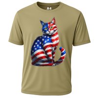 Funny Cute Cat Green Eyes Cat USA Flag 4th Of July Cooling Performance Crew T-Shirt