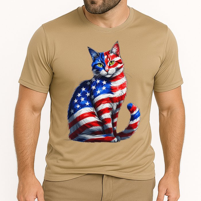 Funny Cute Cat Green Eyes Cat USA Flag 4th Of July Cooling Performance Crew T-Shirt