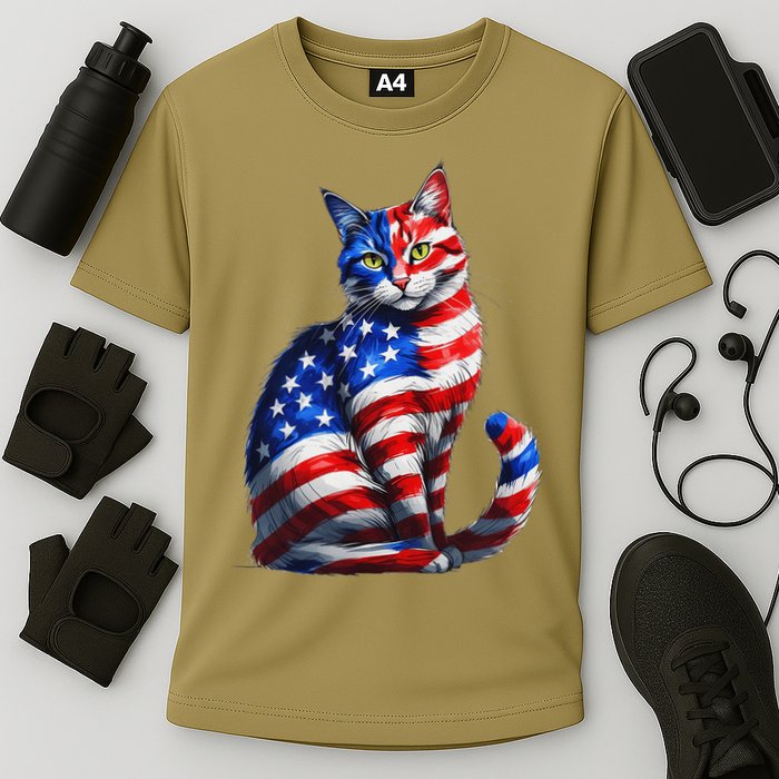 Funny Cute Cat Green Eyes Cat USA Flag 4th Of July Cooling Performance Crew T-Shirt