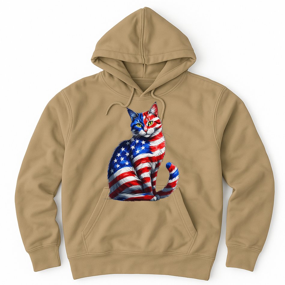 Funny Cute Cat Green Eyes Cat USA Flag 4th Of July Hoodie