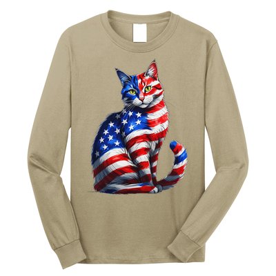 Funny Cute Cat Green Eyes Cat USA Flag 4th Of July Long Sleeve Shirt