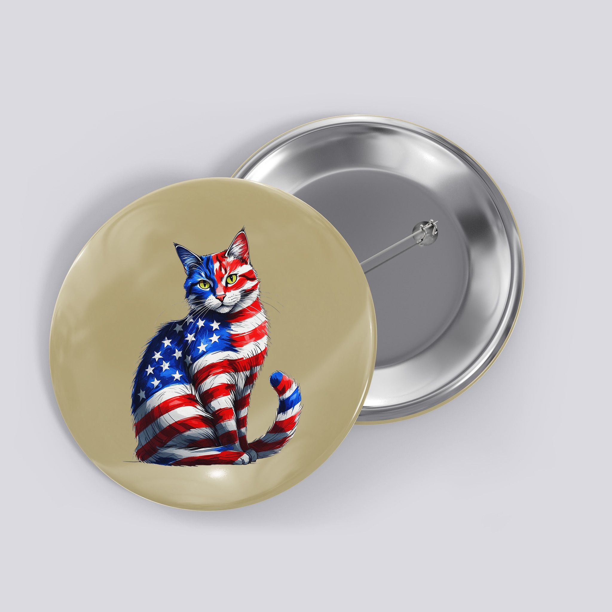 Funny Cute Cat Green Eyes Cat USA Flag 4th Of July Button