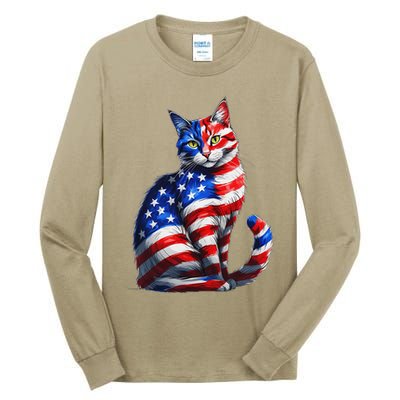 Funny Cute Cat Green Eyes Cat USA Flag 4th Of July Tall Long Sleeve T-Shirt