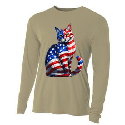 Funny Cute Cat Green Eyes Cat USA Flag 4th Of July Cooling Performance Long Sleeve Crew