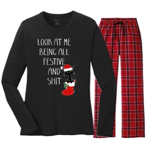 Funny Cat Christmas Look At Me Being All Festive Shit Xmas Women's Long Sleeve Flannel Pajama Set 