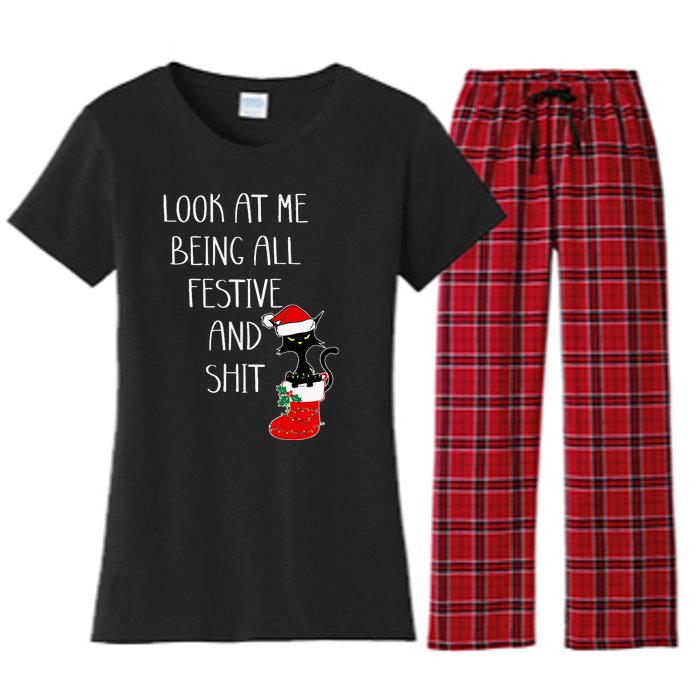 Funny Cat Christmas Look At Me Being All Festive Shit Xmas Women's Flannel Pajama Set