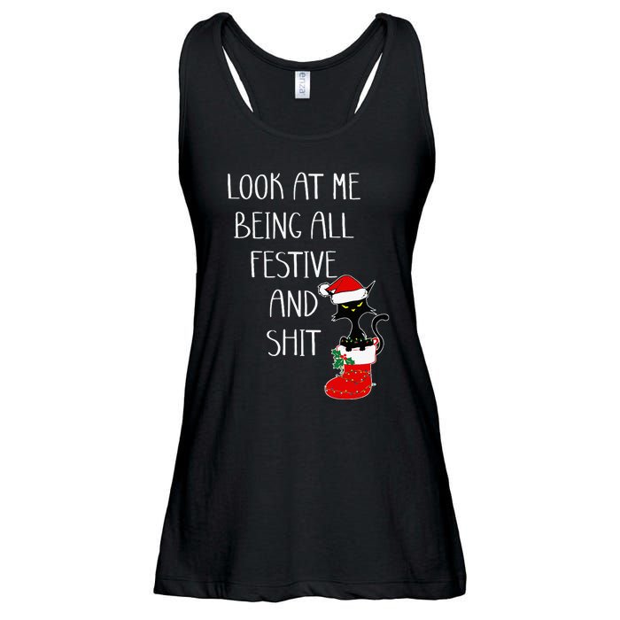 Funny Cat Christmas Look At Me Being All Festive Shit Xmas Ladies Essential Flowy Tank