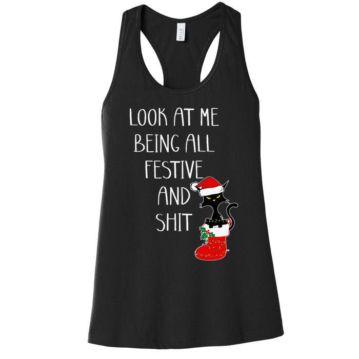 Funny Cat Christmas Look At Me Being All Festive Shit Xmas Women's Racerback Tank