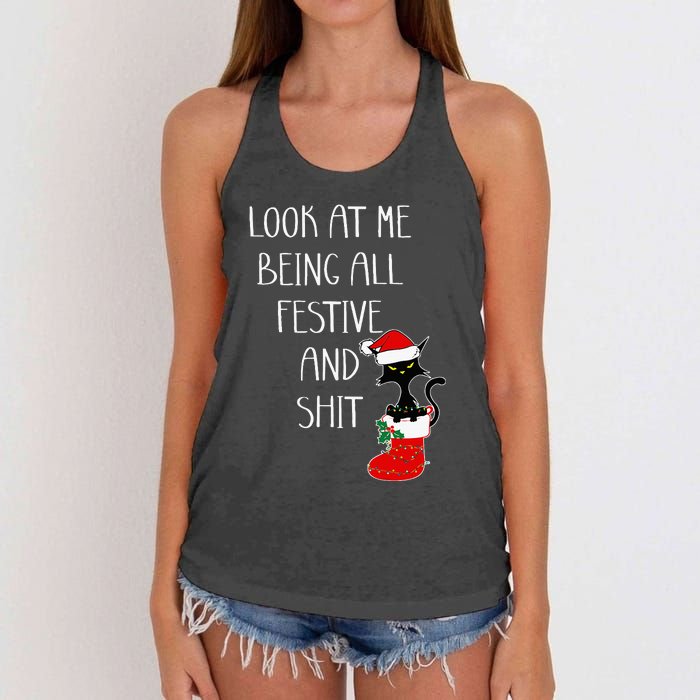 Funny Cat Christmas Look At Me Being All Festive Shit Xmas Women's Knotted Racerback Tank