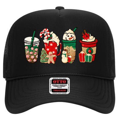 Funny Christmas Coffee Lover Cute Snowman Latte Xmas Holiday High Crown Mesh Back Trucker Hat