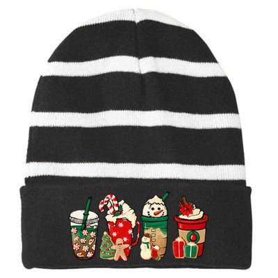 Funny Christmas Coffee Lover Cute Snowman Latte Xmas Holiday Striped Beanie with Solid Band