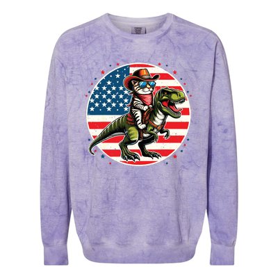 Funny Cowboy Cat Riding Dinosaur Usa Flag Trex 4th Of July Colorblast Crewneck Sweatshirt