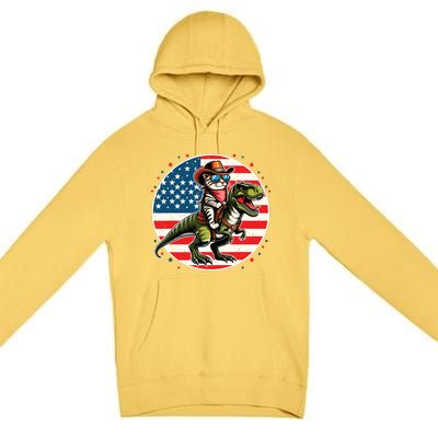 Funny Cowboy Cat Riding Dinosaur Usa Flag Trex 4th Of July Premium Pullover Hoodie