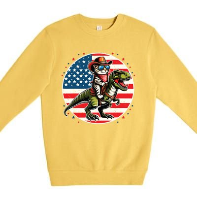 Funny Cowboy Cat Riding Dinosaur Usa Flag Trex 4th Of July Premium Crewneck Sweatshirt