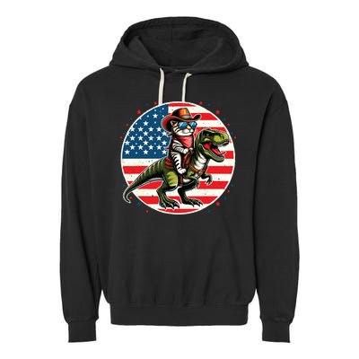 Funny Cowboy Cat Riding Dinosaur Usa Flag Trex 4th Of July Garment-Dyed Fleece Hoodie