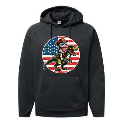 Funny Cowboy Cat Riding Dinosaur Usa Flag Trex 4th Of July Performance Fleece Hoodie