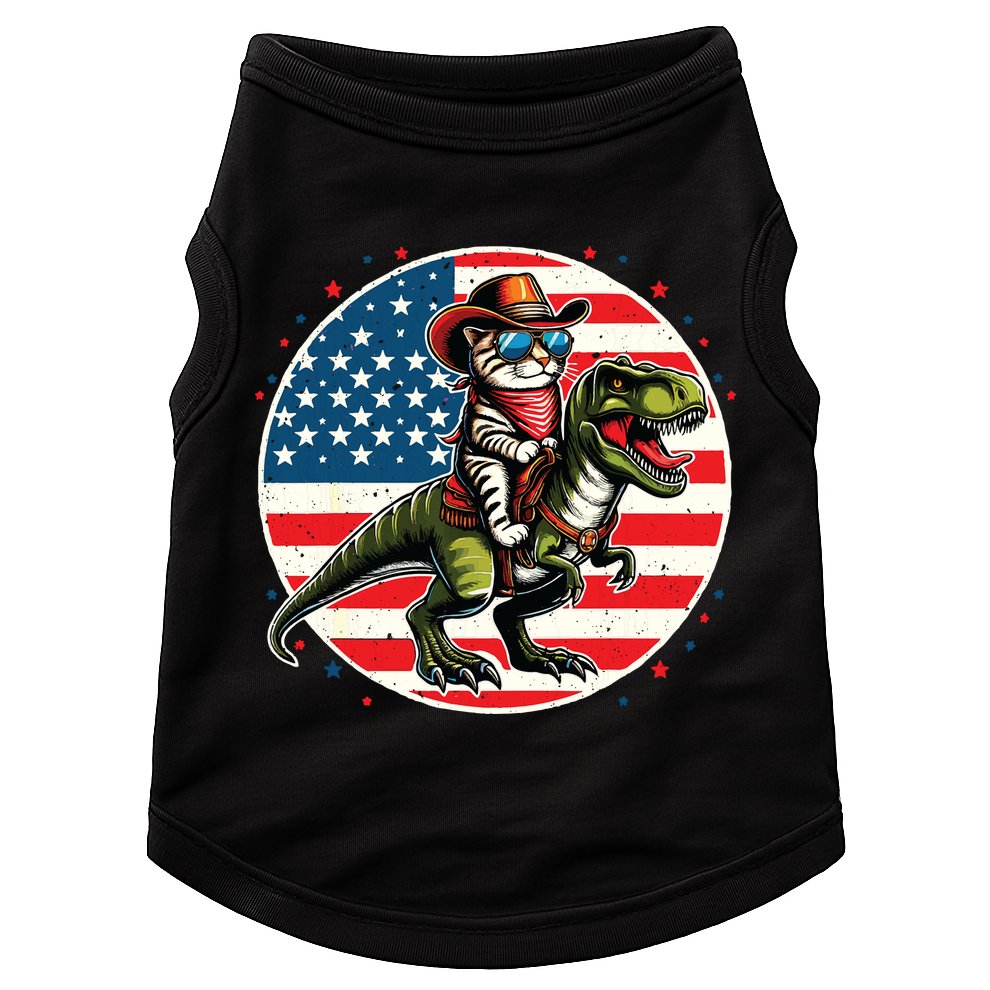 Funny Cowboy Cat Riding Dinosaur Usa Flag Trex 4th Of July Doggie Tank