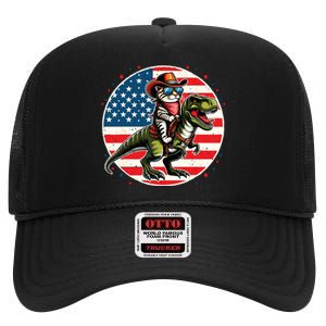 Funny Cowboy Cat Riding Dinosaur Usa Flag Trex 4th Of July High Crown Mesh Back Trucker Hat