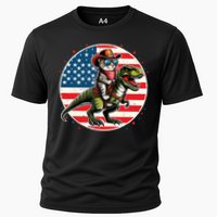 Funny Cowboy Cat Riding Dinosaur Usa Flag Trex 4th Of July Cooling Performance Crew T-Shirt