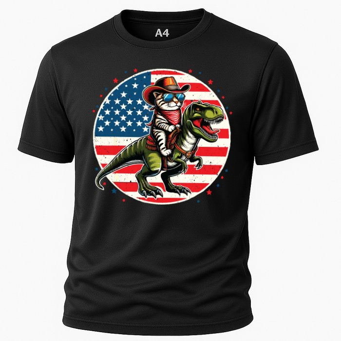 Funny Cowboy Cat Riding Dinosaur Usa Flag Trex 4th Of July Cooling Performance Crew T-Shirt