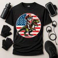 Funny Cowboy Cat Riding Dinosaur Usa Flag Trex 4th Of July Cooling Performance Crew T-Shirt
