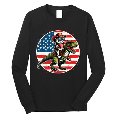 Funny Cowboy Cat Riding Dinosaur Usa Flag Trex 4th Of July Long Sleeve Shirt